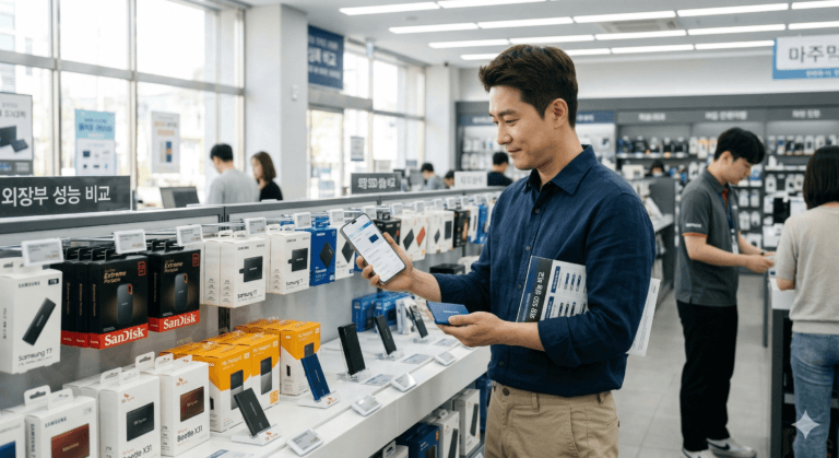 외장 SSD를 고르고 있는 사람 이미지