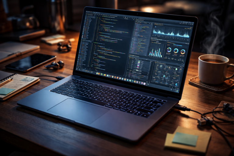 작업 중인 노트북과 도구들