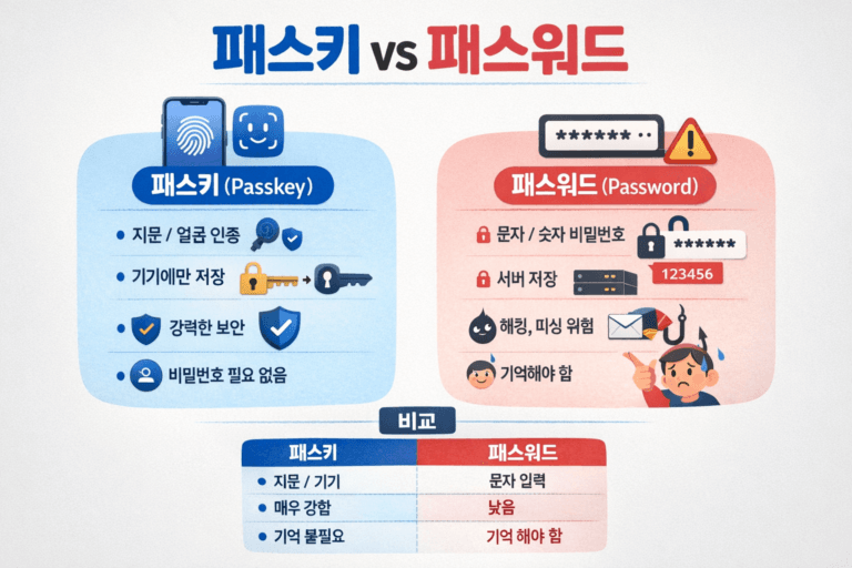 패스키와 패스워드 비교 인포그래픽